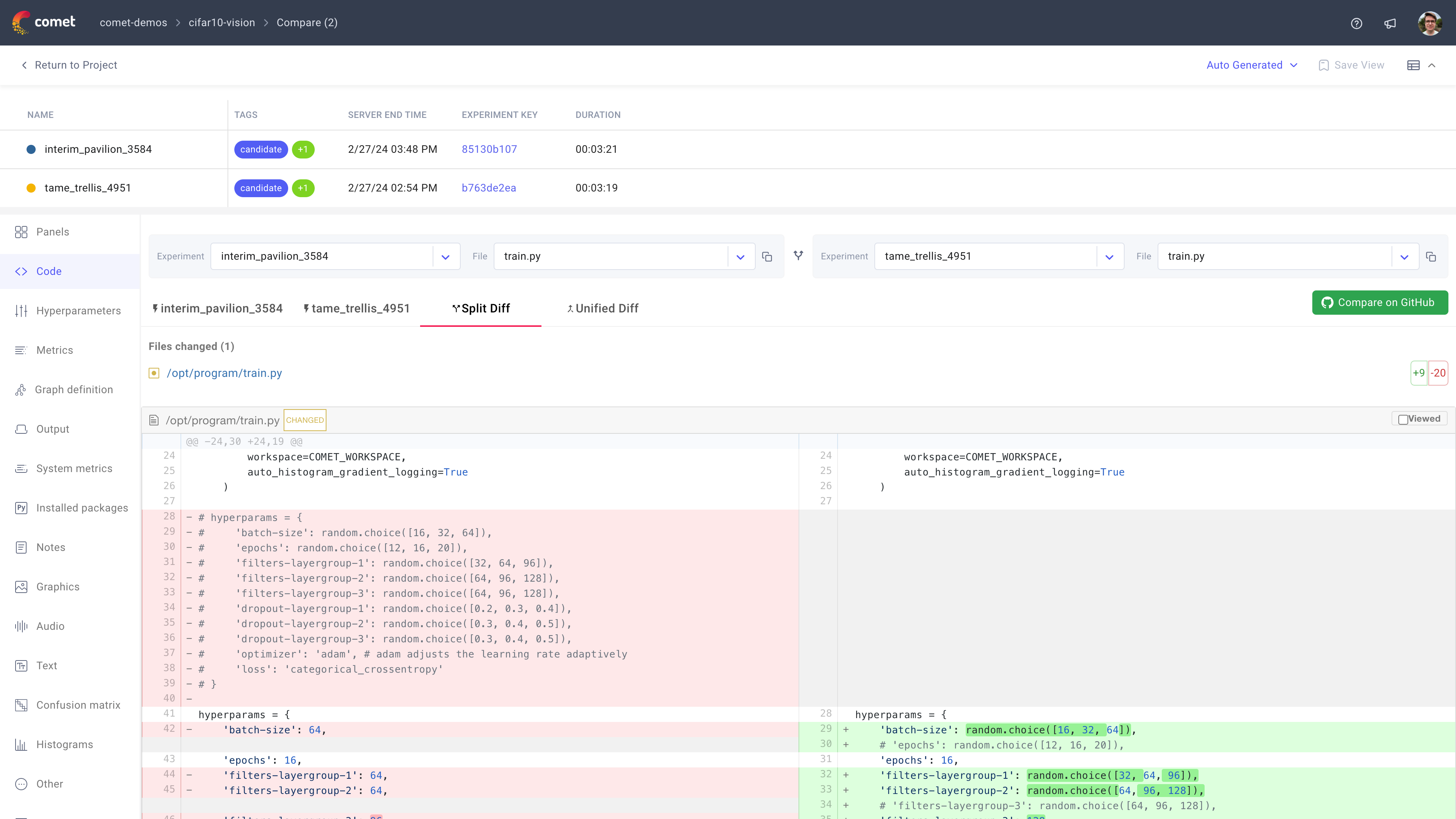 Comet dashboard - Experiments Diff page